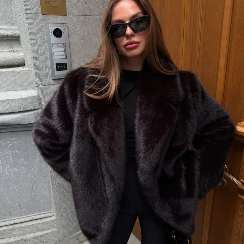 معطف فرو بني من Tuularose للنساء موضة شتاء دافئة كبيرة الحجم بياقة معطف فرو فاخر منفوش قطيفة مرقع ملابس خارجية نسائية #6