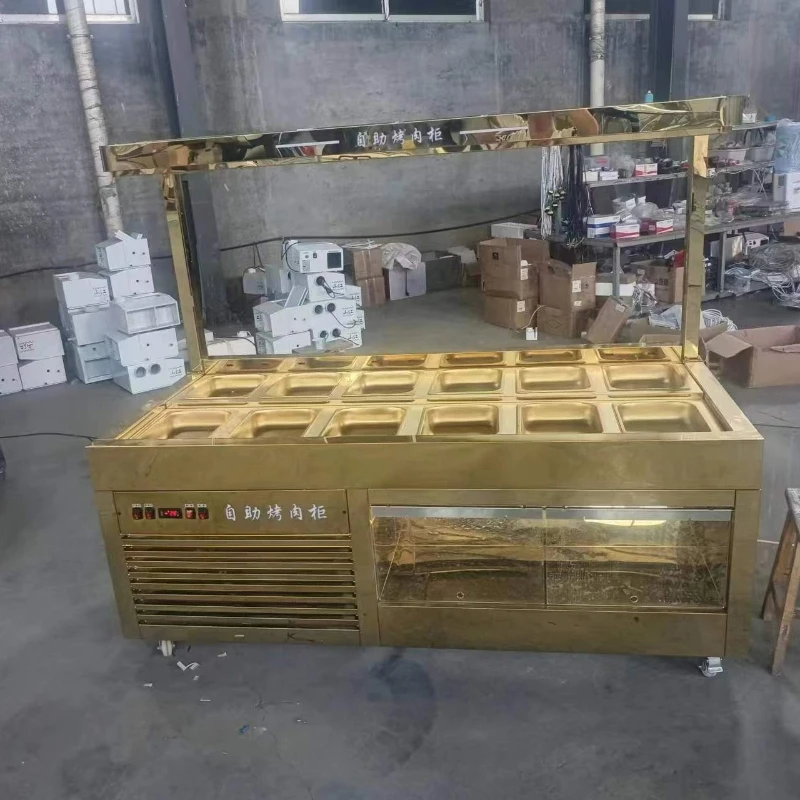 خزانة عرض ذات طبقات ذهبية تدعم الرذاذ - قابلة للتخصيص لعرض مكونات المطاعم الساخنة والشواية