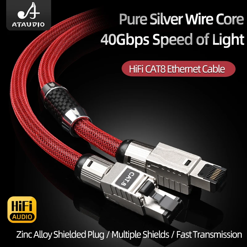 Pure Silver CAT8 Network Cable for Computer Laptop Router High Quality 40Gbps 2000MHz Audio RJ45 Silver Hifi Ethernet Cable