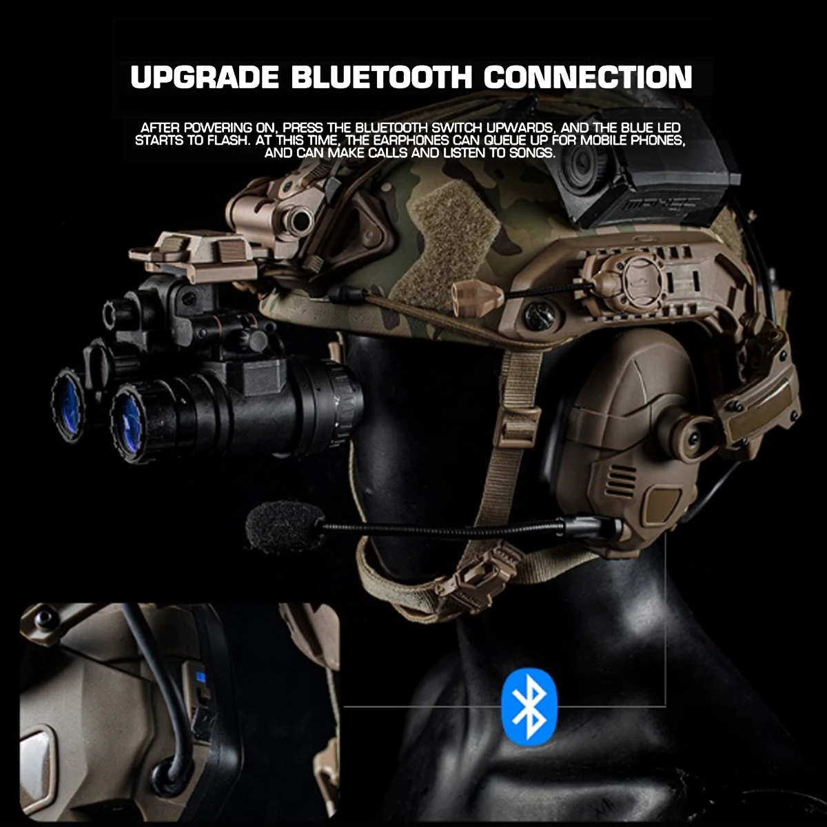 Tactical Noise-cancelling Bluetooth Headset Silicone Earmuffs Compatible with Helmets for Airsoft Paintball Shooting Hunting