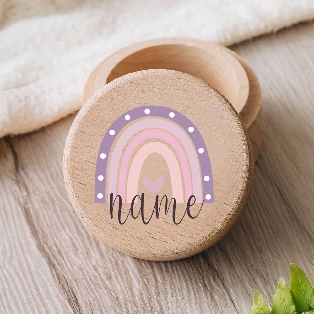 Cajas de dientes de arcoíris personalizadas con nombre, caja de dientes de bebé, recuerdo personalizado, pelo rizado Umbilical, estuche de madera