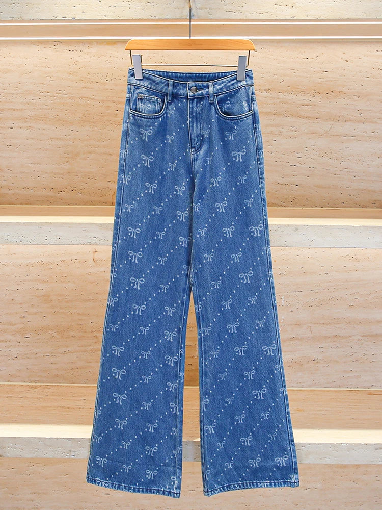 

High Waist Wide Leg Blue Jeans Women's Long Pants Knot Print Casual Wear Resistant Fabric Adult Size Four Seasons