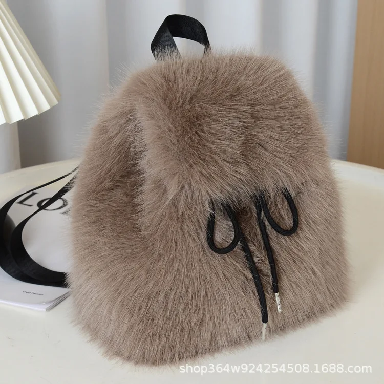 2025 New Fox Fur Imitation Double Shoulder Bag Women's Casual Drawstring Flap Magnetic Buckle Large Capacity Bags Женский рюкзак