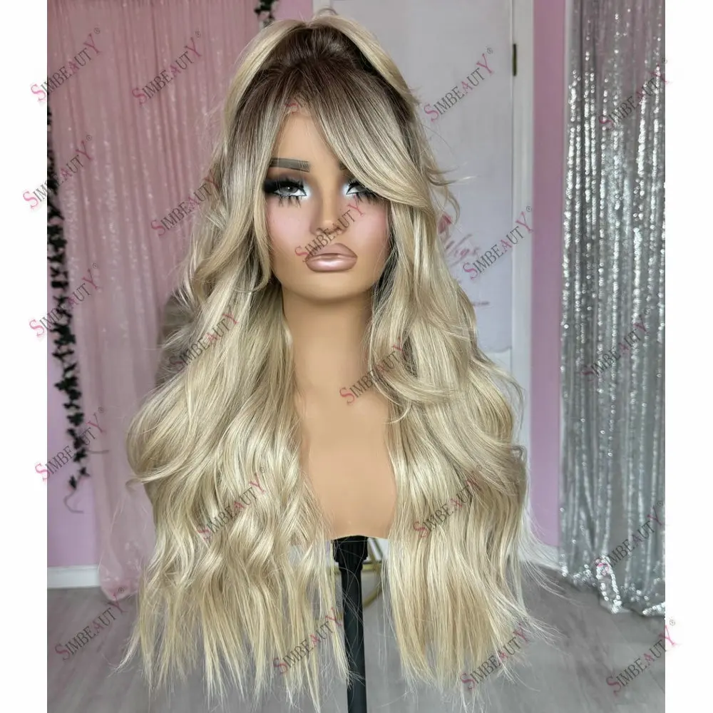 

Slightly Curly Dark Roots Ombre Ash Blonde Full Lace Wig Human Hair for Women 13*6 Lace Frontal Wigs Brazilian Vrigin Hair