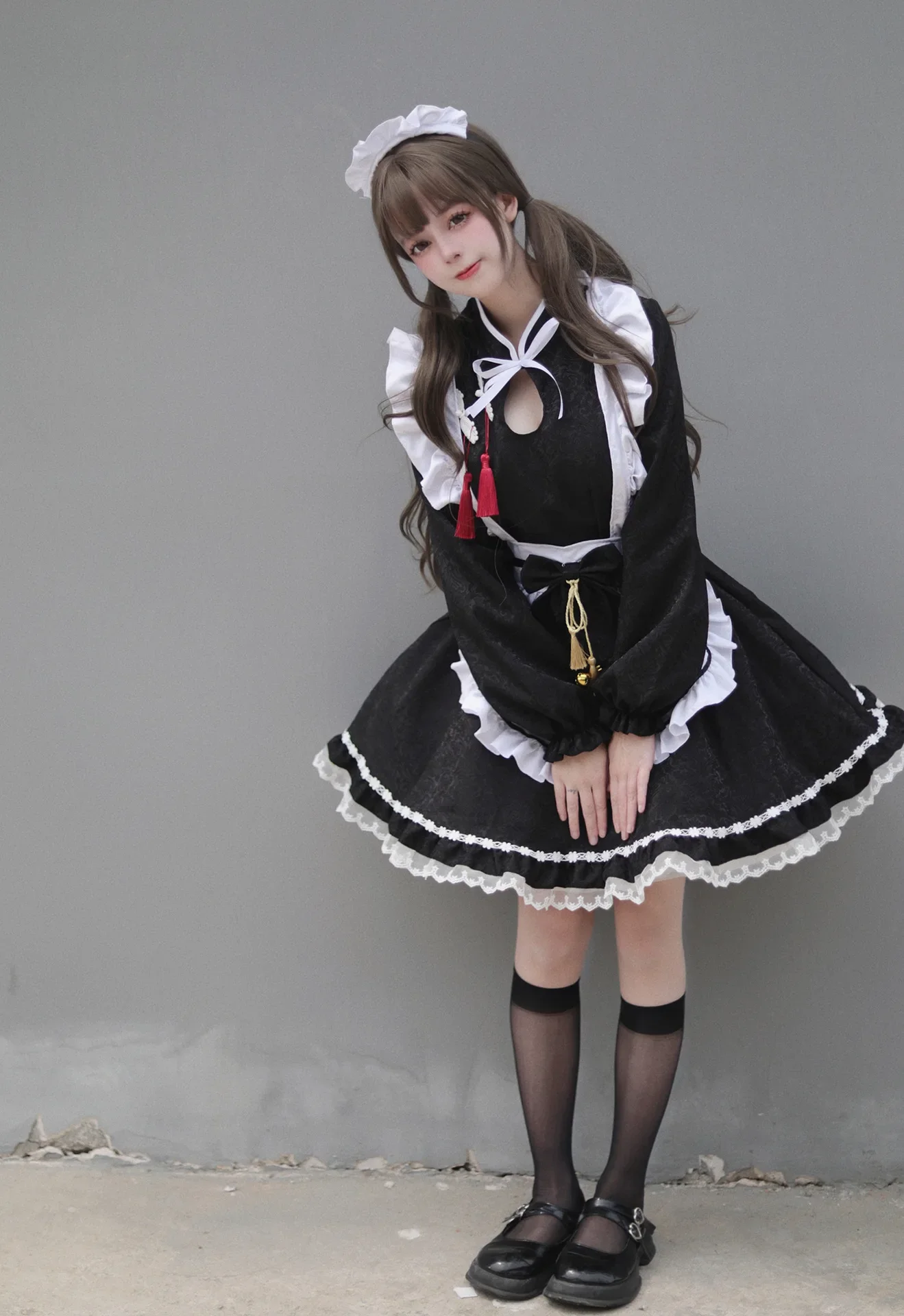 ชุดแม่บ้านโลลิต้าไซส์ใหญ่ชุดการแสดงคอสเพลย์ผ้าแจ็คการ์ดสไตล์จีนดั้งเดิม