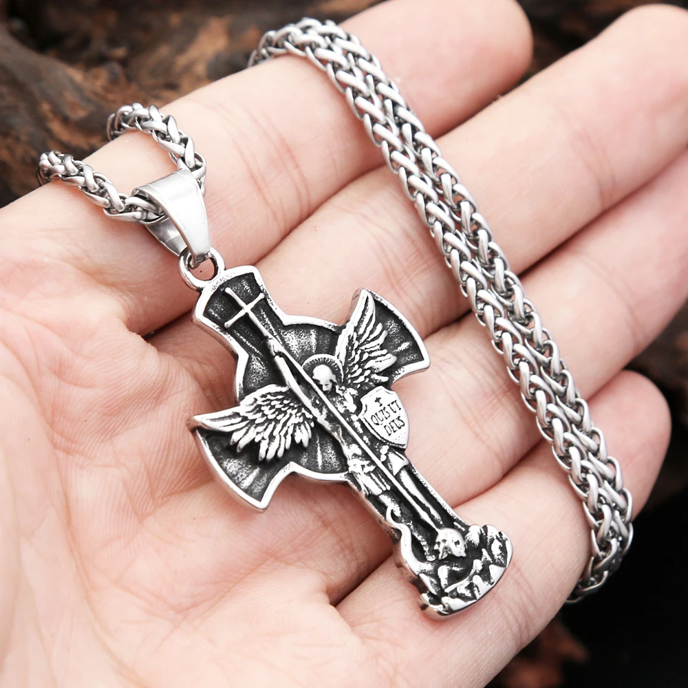 Nuevo collar con colgante Vintage de San Miguel Arcángel, collares cruzados de alas de Ángel de acero inoxidable para hombres y mujeres, joyería