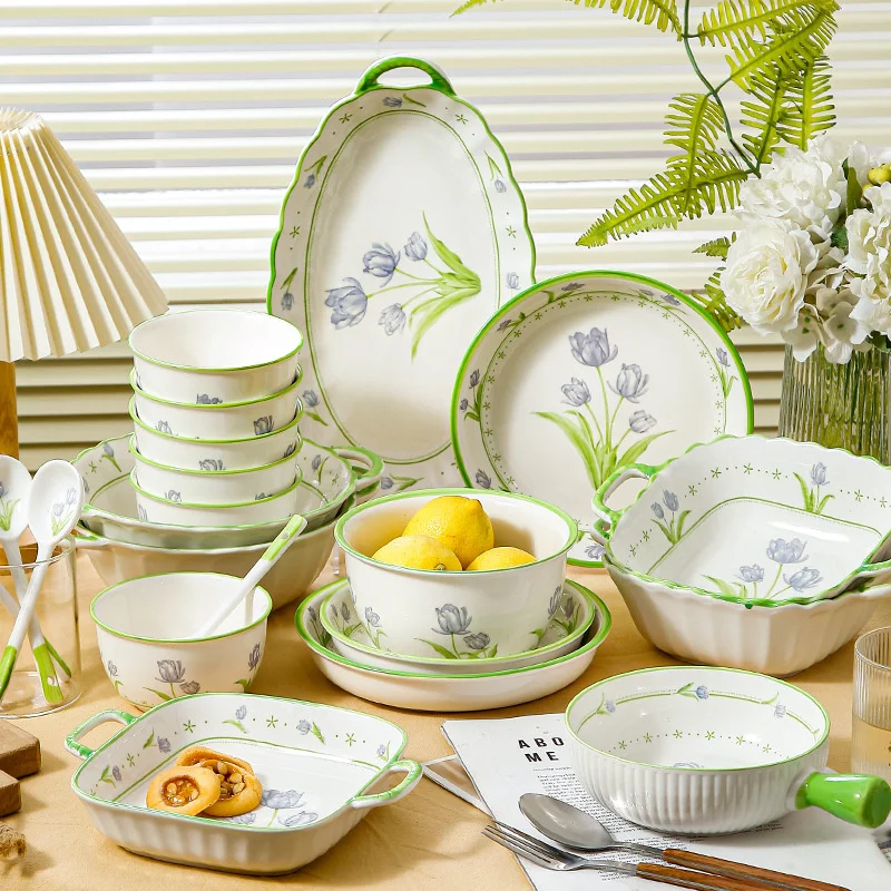 Nuevo Vajilla de cerámica de alta temperatura de estilo chino, líquido, Color bajo vidriado, tazón de arroz Ramen, plato de ensalada de porcelana