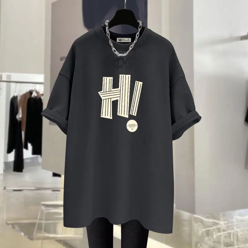 Women Clothing Chic Letter Print Basic Tshirt Summer O-neck Short Sleeve All-match Cotton Top Tee Casual Loose Pullover 45-105Kg