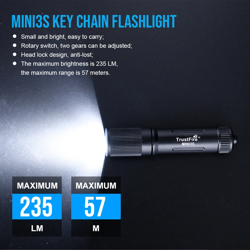 Trustfire Mini3s Mini Rechargeable Lamp 235 Lumen Keychain Work Light 2 Mode IPX8 Portable LED Flashlights With Usb Charging