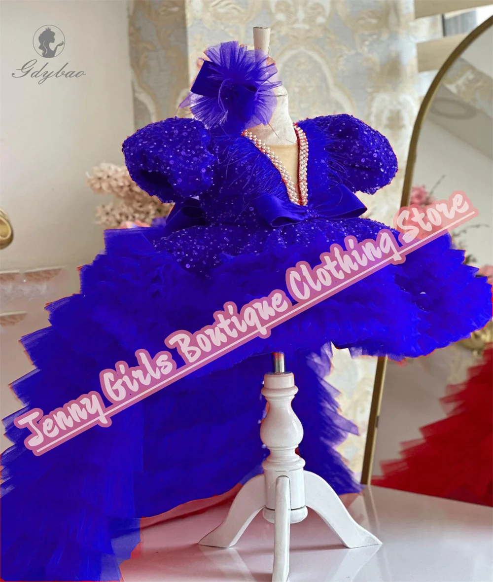

Sequined Royal Blue Beautiful Flower Girl Dress With Bow Trailing For Communion Wedding Birthday Event Evening Gown