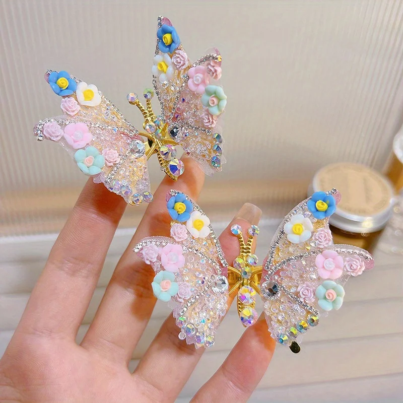 

2pcs Magic Fluttering Butterfly Hair Clips - Handmade Rhinestone Hair Jewelry Little Girls, Dainty Bangs & Side Hair Accessories