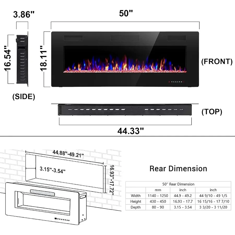 Inserti per caminetto elettrico da 50 pollici per installazione da incasso a parete e montata a parete Capacità di riscaldamento 750 1500 W con touch screen