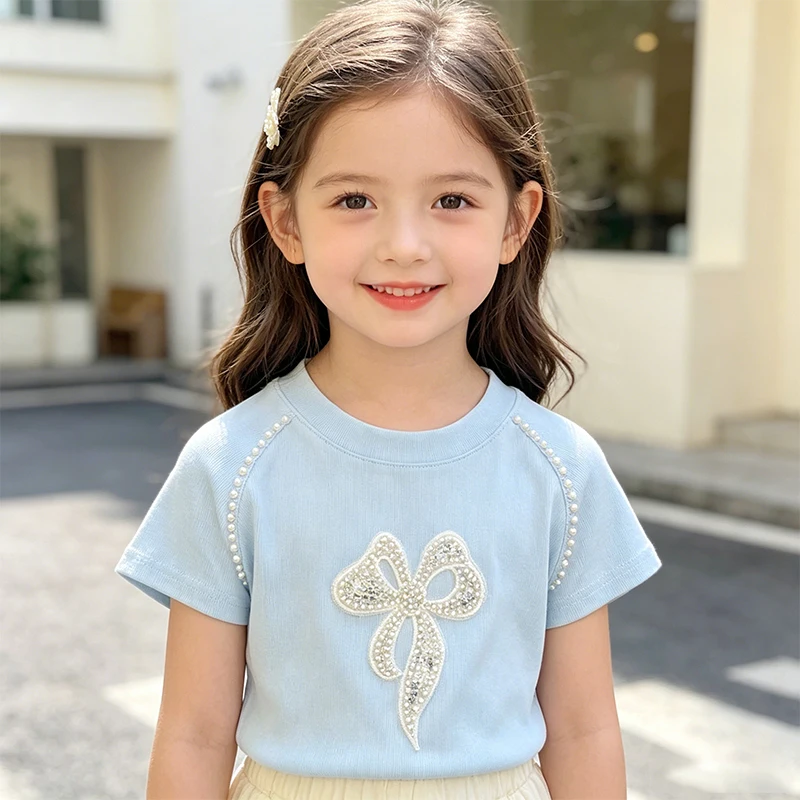 Mädchen T-Shirt mit Perlen-Schleife, kurzärmelig, gerippt, schmal geschnitten, süßes Prinzessinnen-Oberteil für den Sommer mit Perlenverzierung