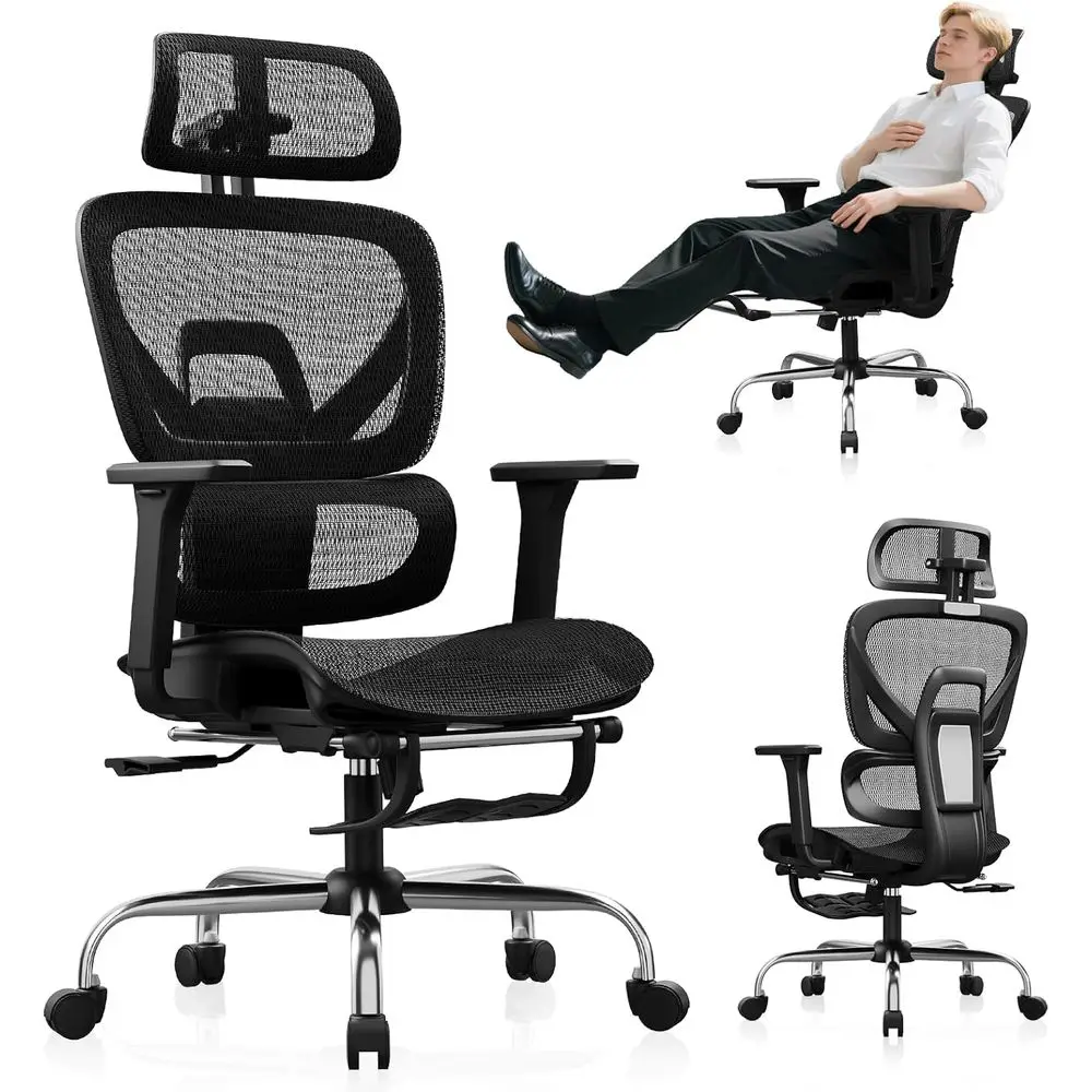 

Mesh Ergonomic Office Chair with Footrest, 135° Recline, Adjustable Lumbar Support, 3D Armrests, Swivel for Home or Office