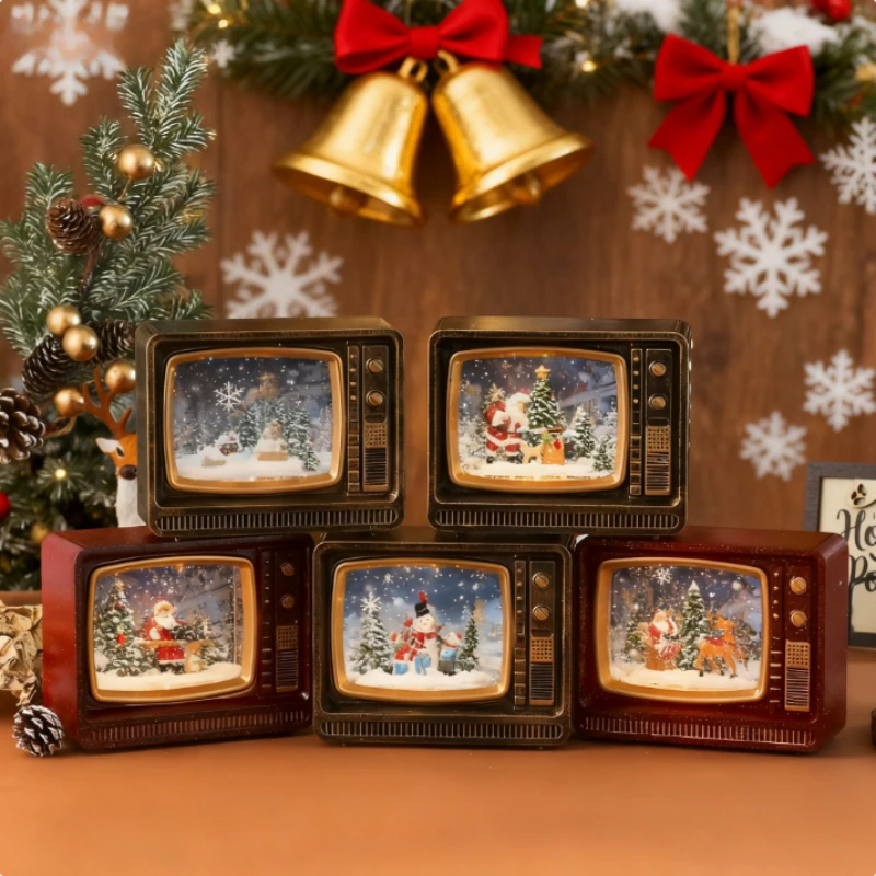 Christmas Musical Snow Globe TV Box Water-Activated LED Light Floating Snow Holiday Decor with 8-Tune Music