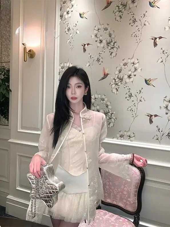 

PITAO Original Sweet Slimming Vintage Fashion Outerwear And Halter Skirt Set for Women Elegant Autumn Spring Three-Piece Suit