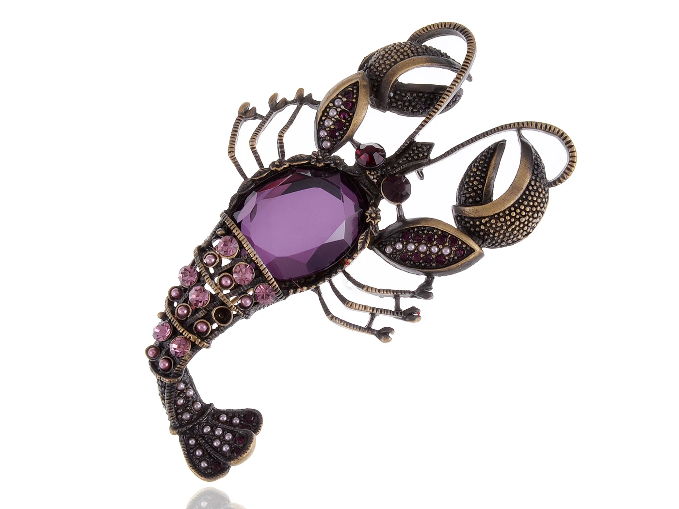 Large Amethyst Crystal Rhinestone Bead Body Sea King Lobster Fashion Pin Brooch