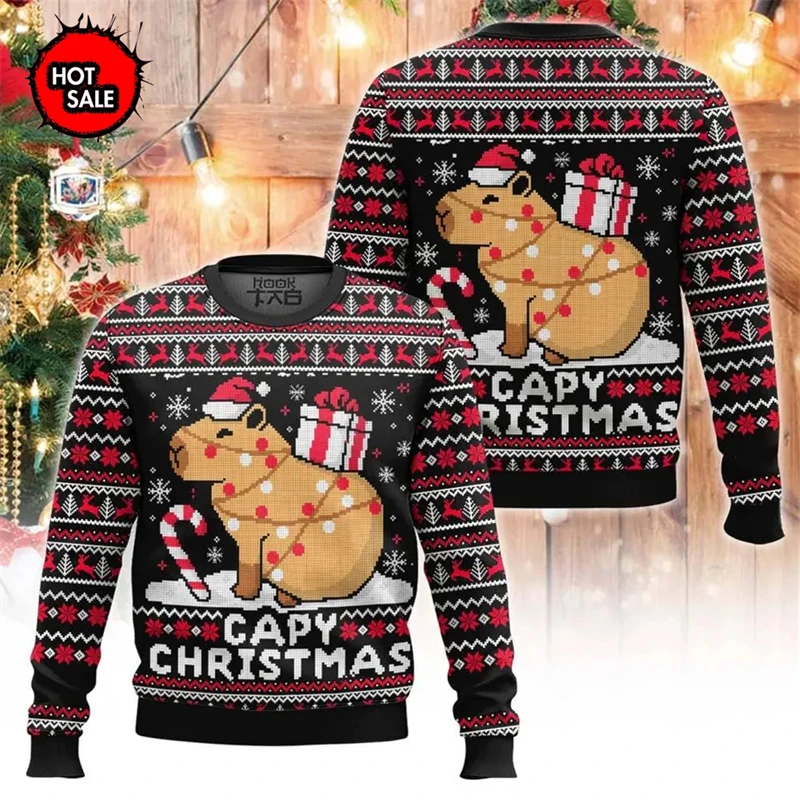 Cute Capybara Pattern Ugly Christmas Sweater Long Sleeve Pullover for Adult And Kid Warm Festive Family Outfit Apparel