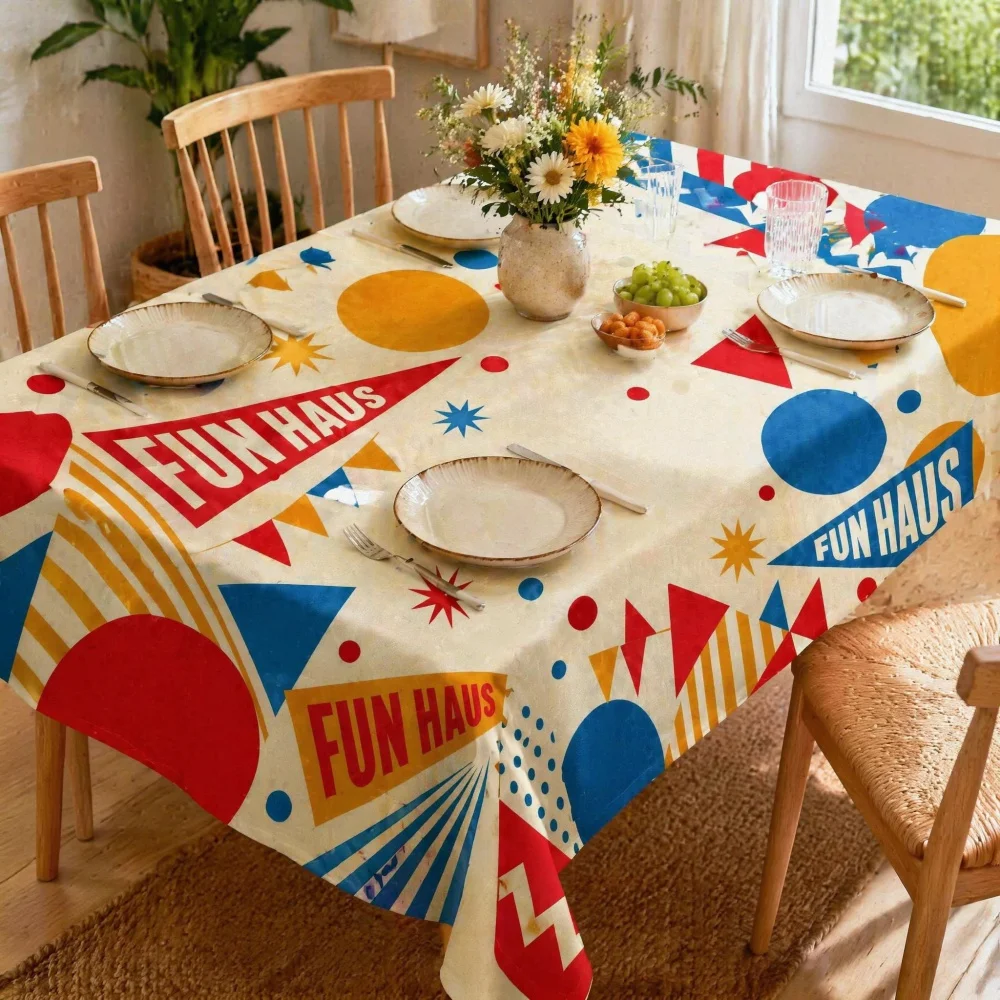 Vintage Carnival Geometric Triangle Circle Pennant Print Rectangle Tablecloth Cream Fun Haus Retro Party Dining Table Cover