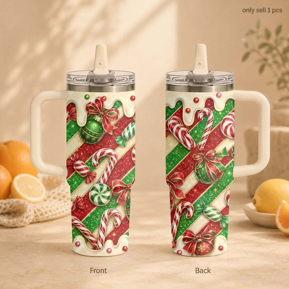Christmas Candy Cane Vacuum Flasks 40oz Thermal Tumbler with Handle Stainless Steel Vacuum Insulated Water Portable Mug Cup