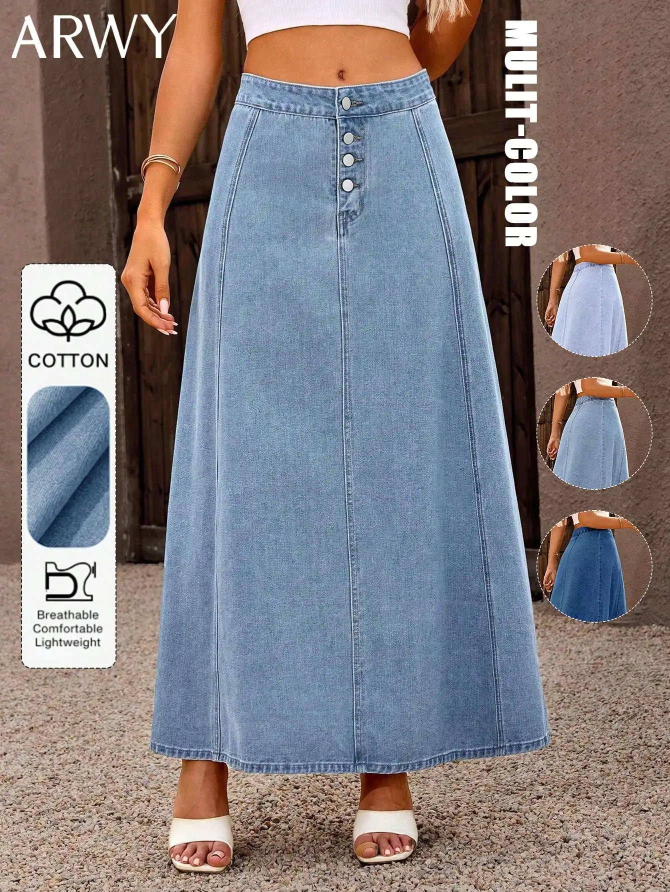 

Women's Washed A-Line Denim Maxi Skirt with Front Buttons, Cotton Blend, Lightweight Casual Wear