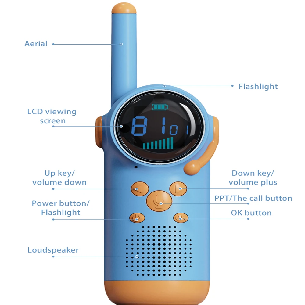 2PCS Kids Walkie Talkie Toy 8 Channels LCD Screen LED Flashlight Intercom Distance 1.5-3KM Parent-child Interaction Recharge