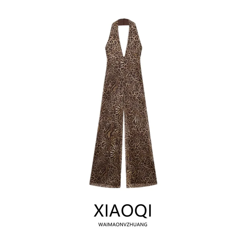 

Summer 2025 Women's Animal Print Silk Me Ne Hanging Long Pants One-Piece Suit Casual Versatile mid Waist Long Legged Jump...