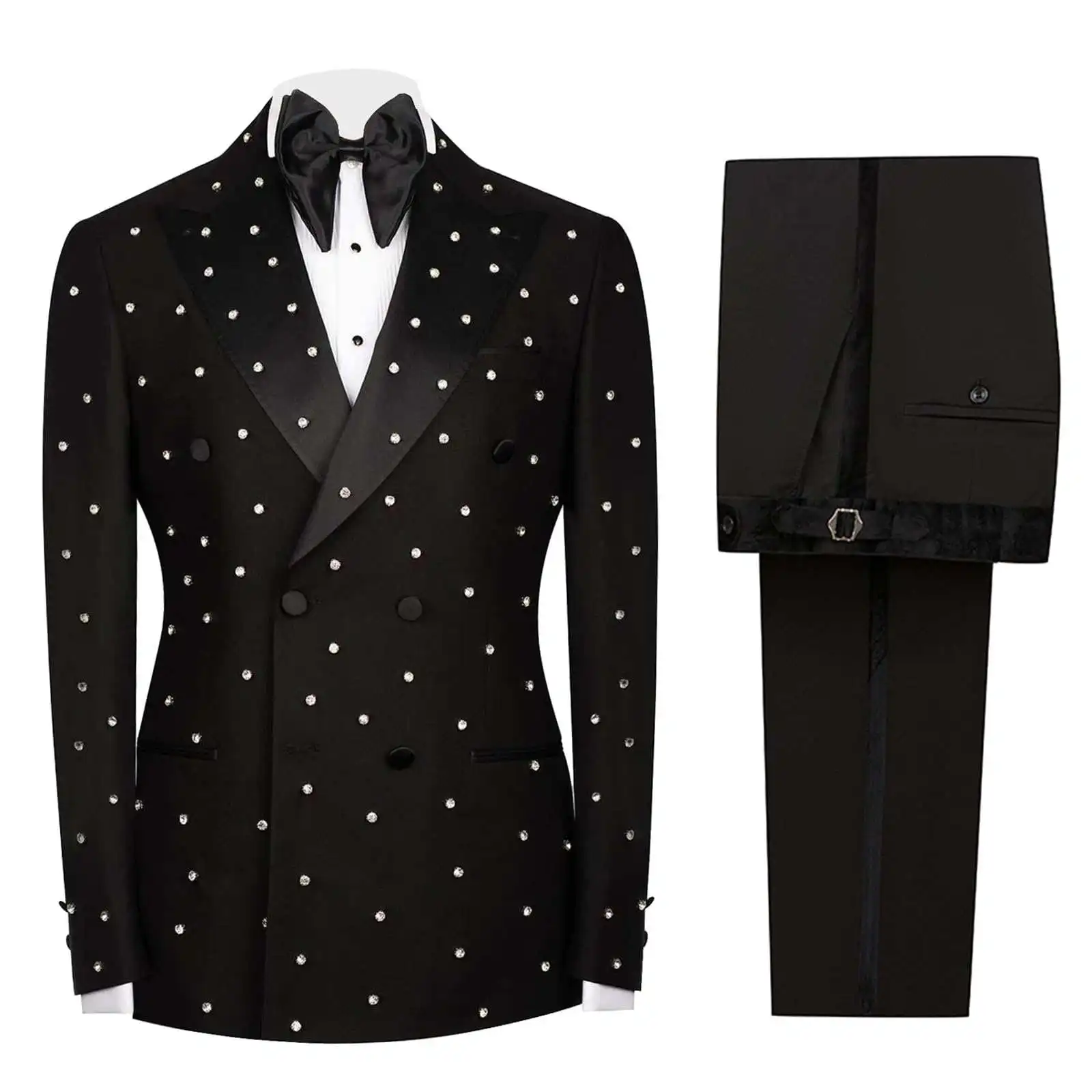 Luksusowe garnitury męskie 2-częściowe marynarka spodnie klapy ostre dwurzędowe zdobione koralikami i perłami na specjalne okazje smokingi ślubne szyte na miarę