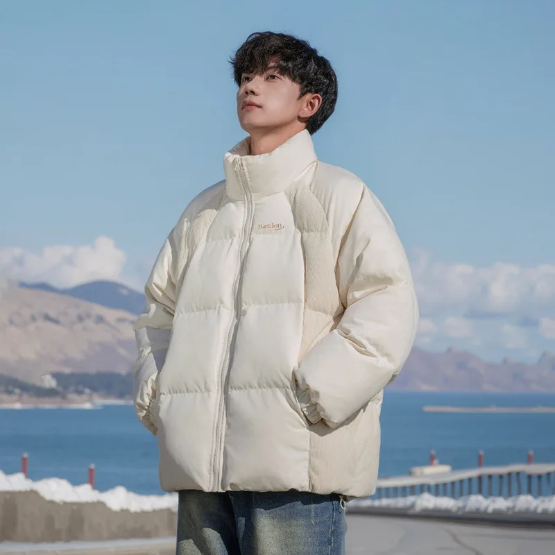Corduroy Patchwork Winter Jacket Men Windproof Embroidery Street Wear Outerwear  Men Clothing Stand Collar Down Parka AU-246