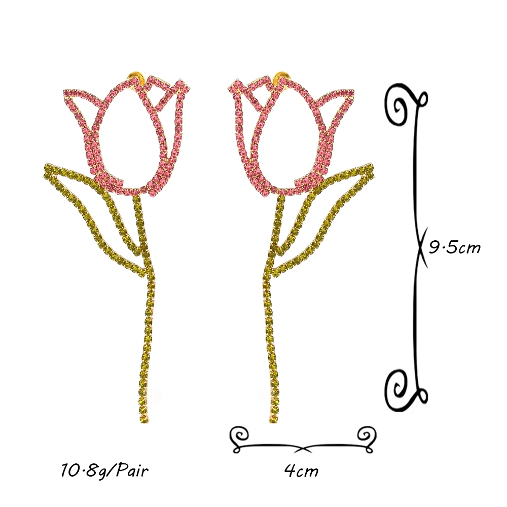 Słodki wydrążony kwiat róży w całości z kryształów kolczyki dla kobiet dziewczynki oświadczenie tulipan Rhinestone dynda kolczyki biżuteria