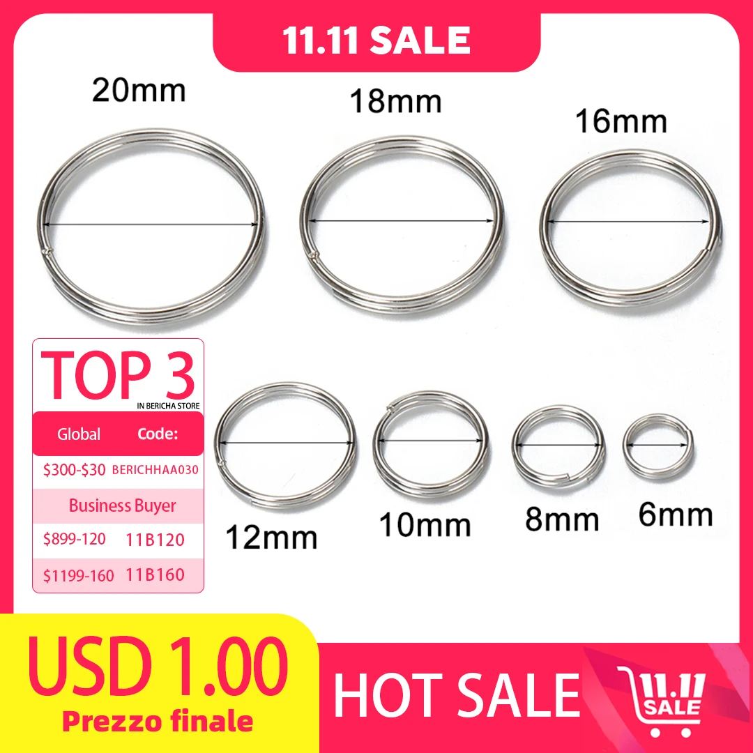 100 Pcs 6-20mm Polished Silver Color Keyring Stainless Steel Hole Key Ring Key Chain Round Line Keychain Connectors Findings