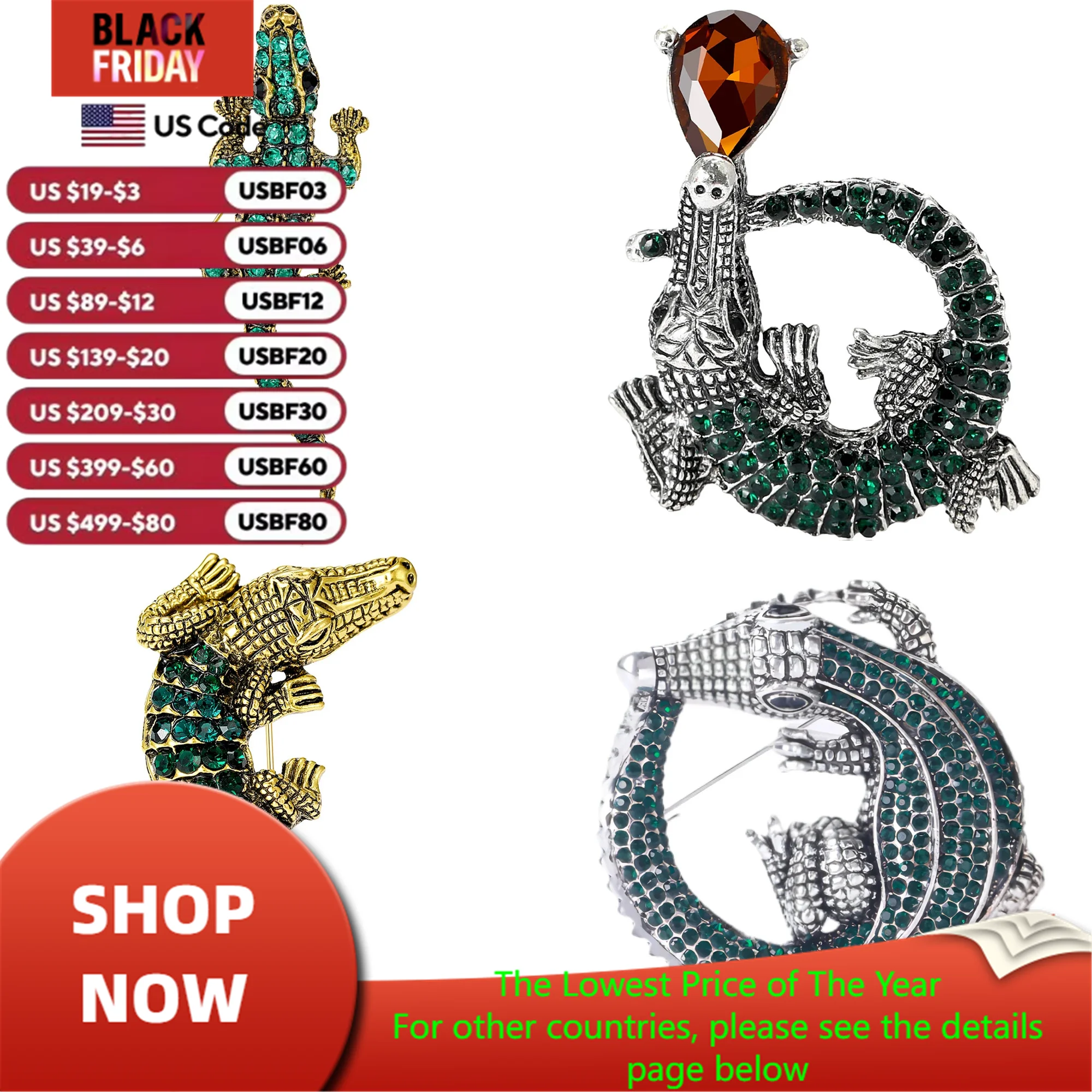 Rhinestone Crocodile Pin for Men Fish Brooches Event Party Backpack Decoration Clothes Accessories