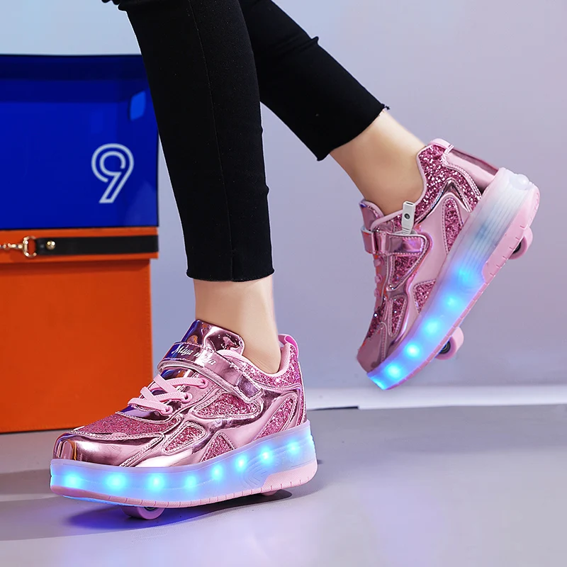 

Children's two-wheeled luminous sneakers girls pink luminous USB rechargeable roller skates luminous shoes