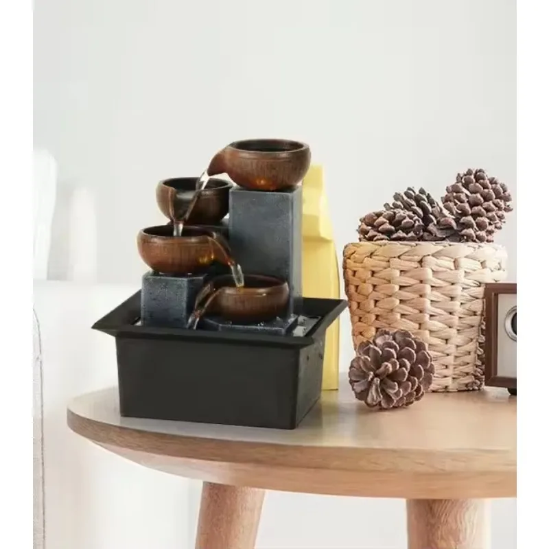 Zen Meditation نافورة الماء بوليريسين سطح الطاولة أربعة طبقات تدفق صفح LED ضوء للاسترخاء في المكتب المنزلي #6