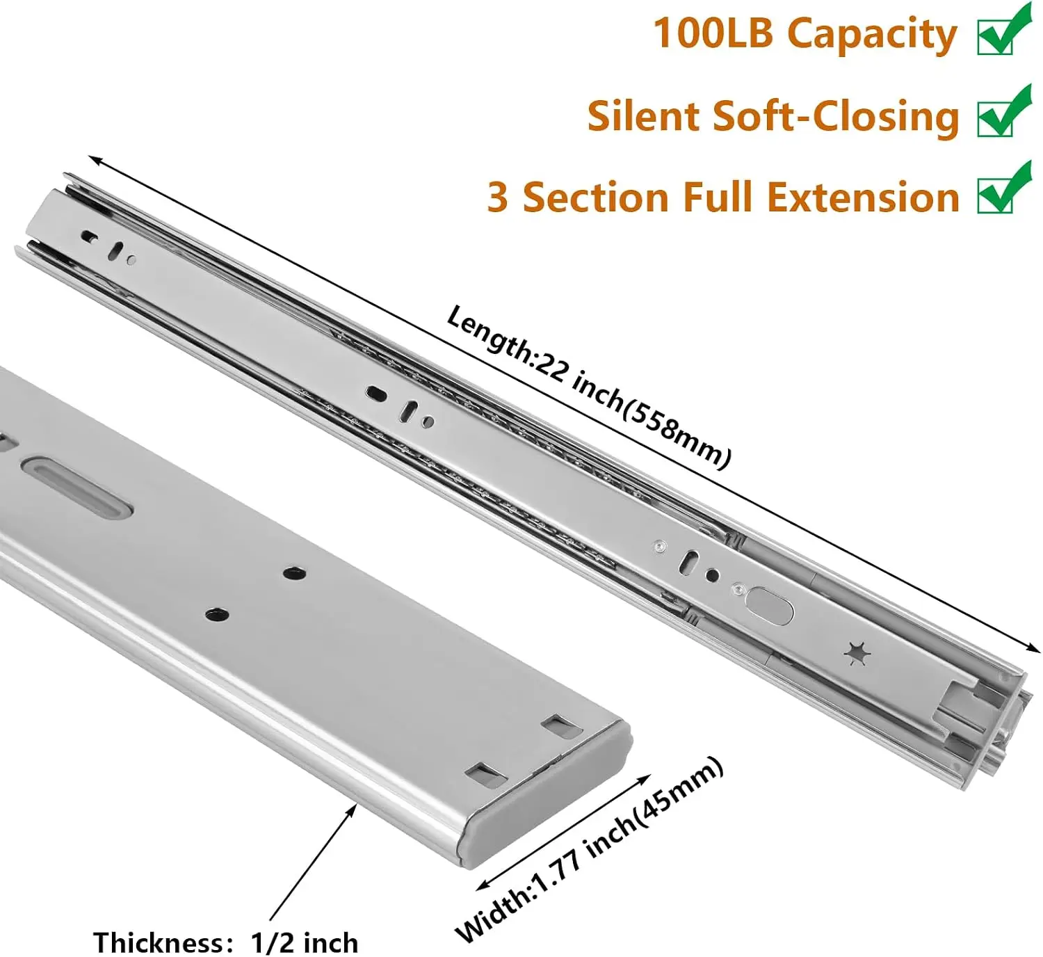 22 Inch Side Mount Soft Close Drawer Slides Full Extension Ball Bearing Rails 100LB Capacity Smooth Self Closing Glides with Screws for Kitchen File Cabinet Dresser Closet RV, 10 Pairs
