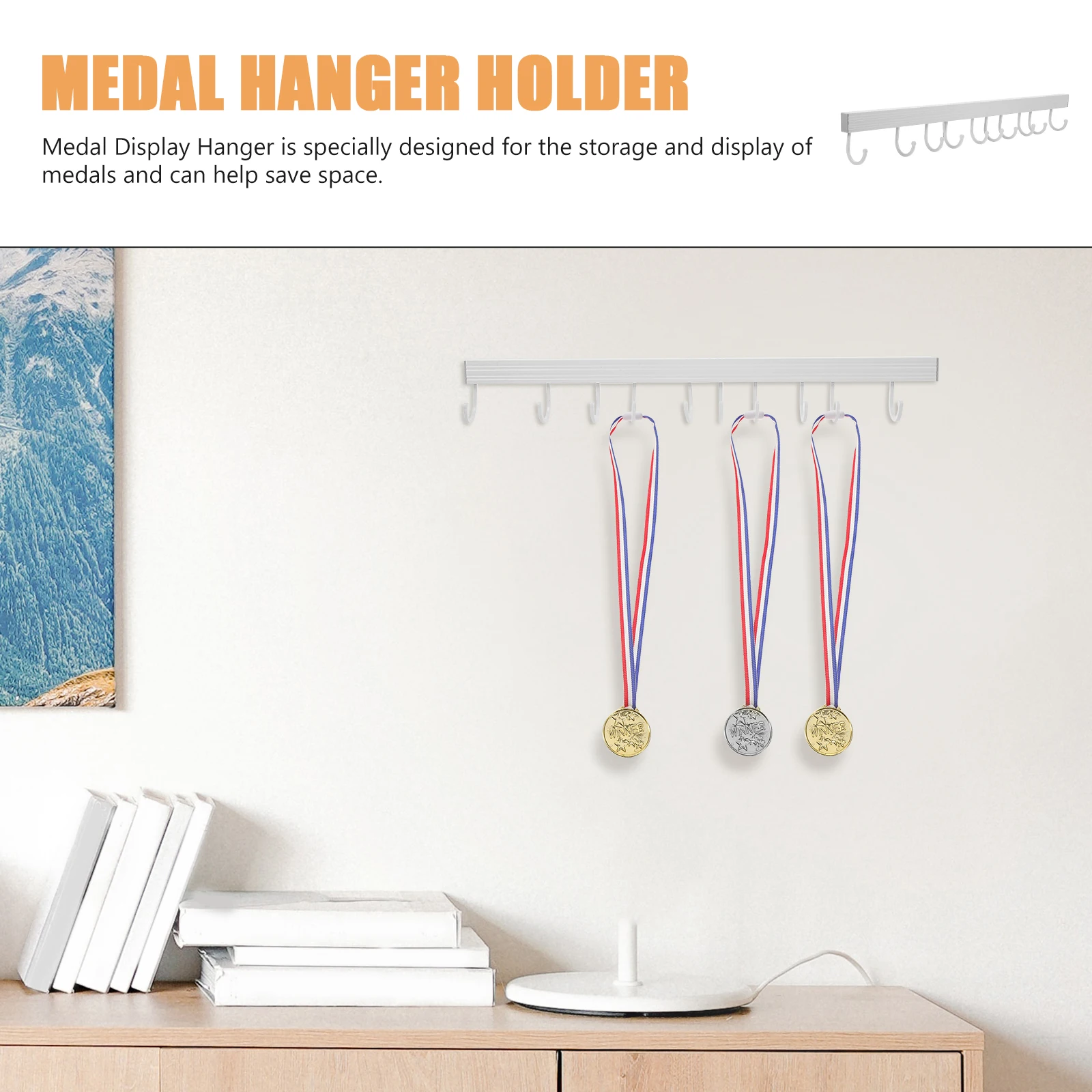 

10 Hooks Medal Hanger Aluminum Alloy Wall Mountable Race Medal Display Rack 50cm White Reusable Storage Solution