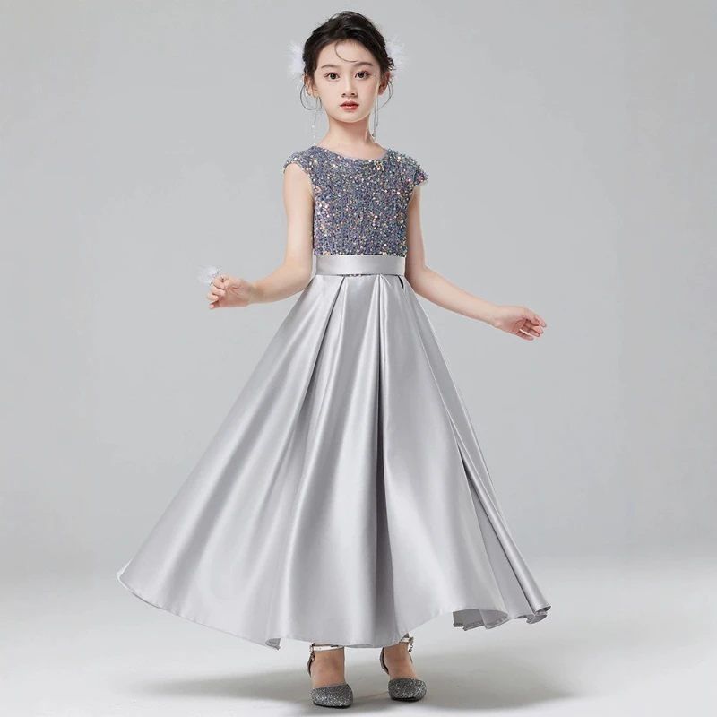 2026 Girls Short Sleeve Princess Dress Piano Host Performance Gown First Celebration Evening Costume Birthday Kids Formal Party