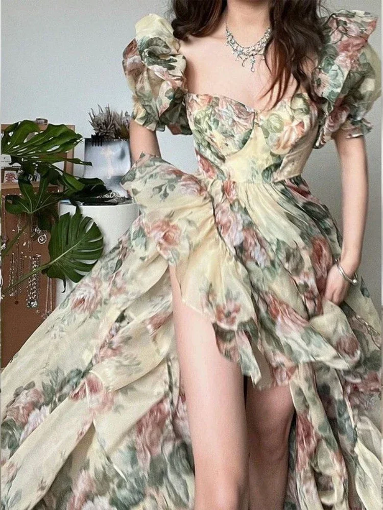 

Floral Print Evening Party Dress Women 2024 Puff Sleeve Elegant Princess Long Dres Ladies France Vintage Open Fork Dress Summer