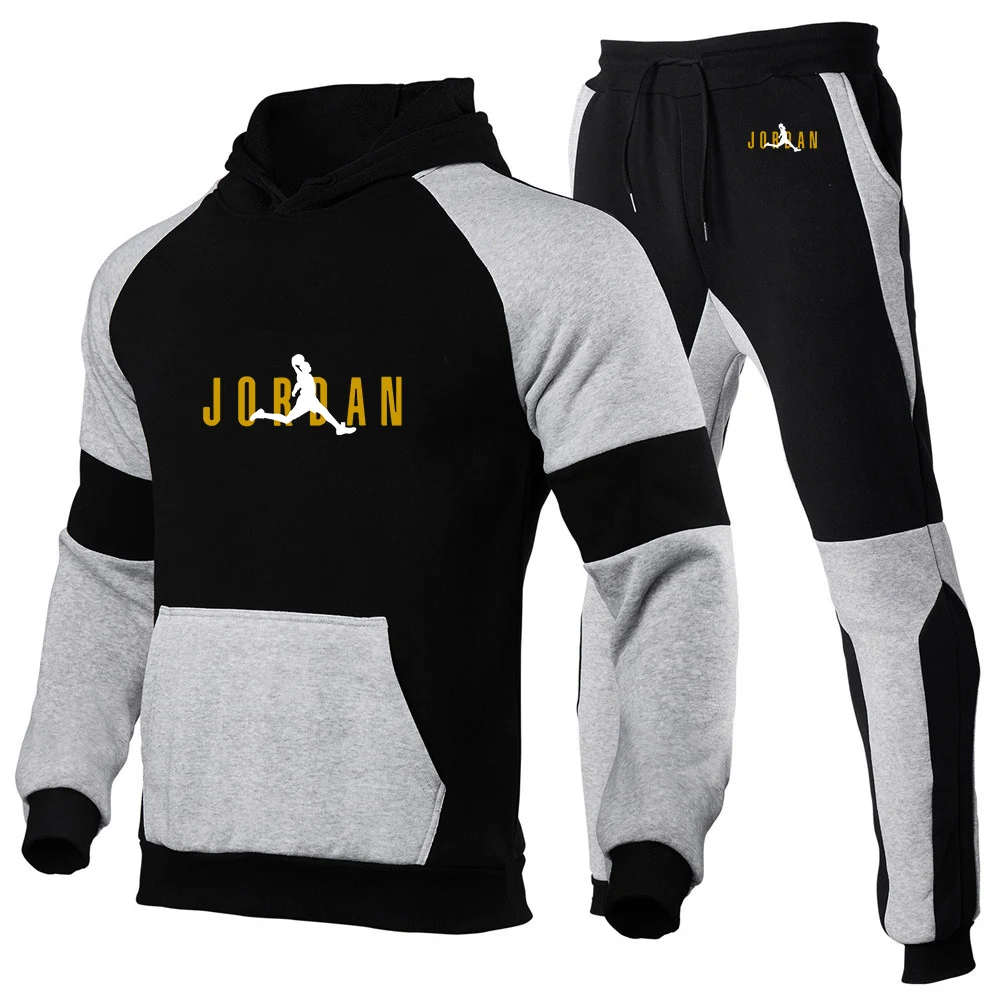 2026 Spring And Autumn Basketball sportswear Print Men's New Patchwork Color Casual Hoodie + Trouser Harajuku Suit