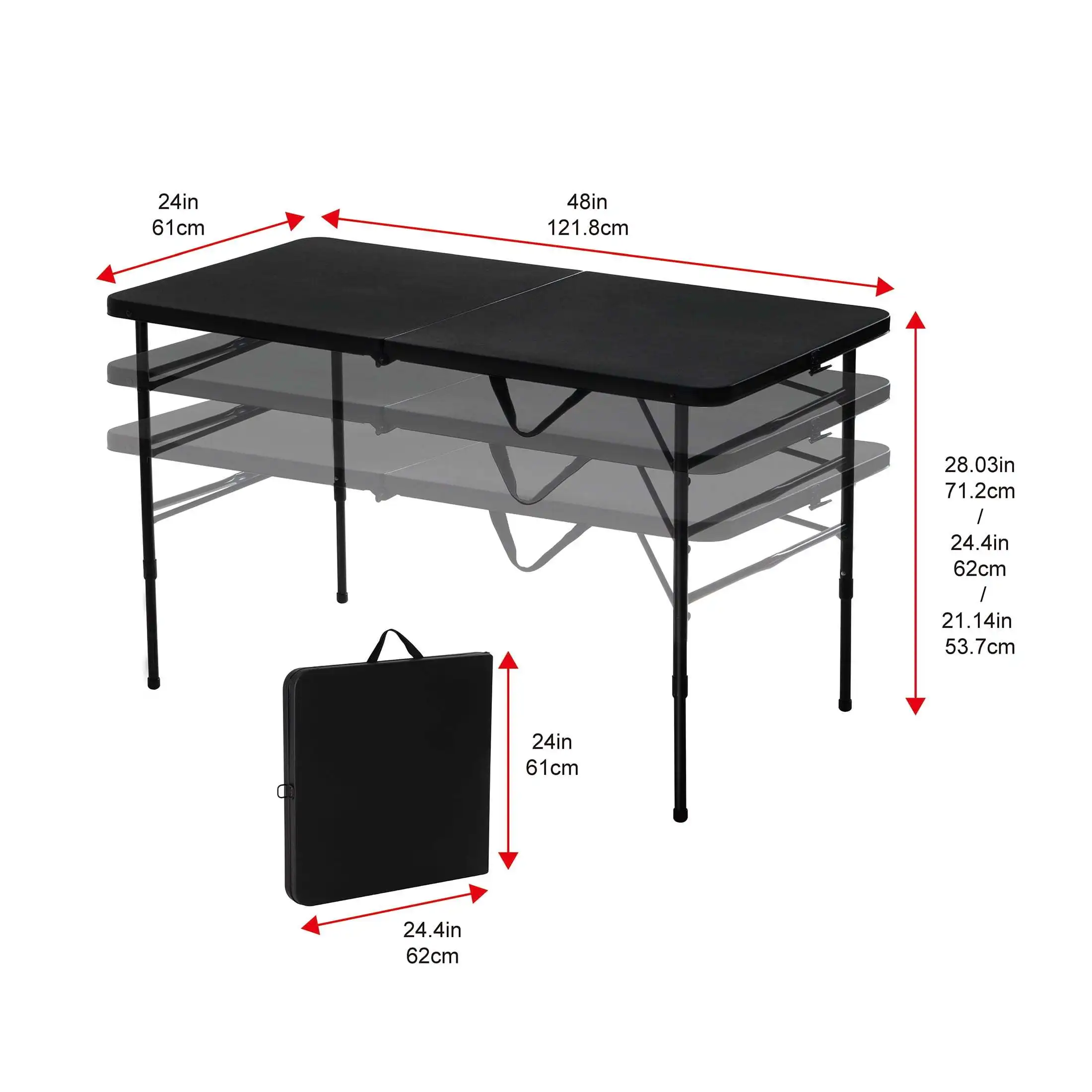 This 4-foot adjustable folding table can be easily folded in half for easy storage. Classic black design, simple and beautiful