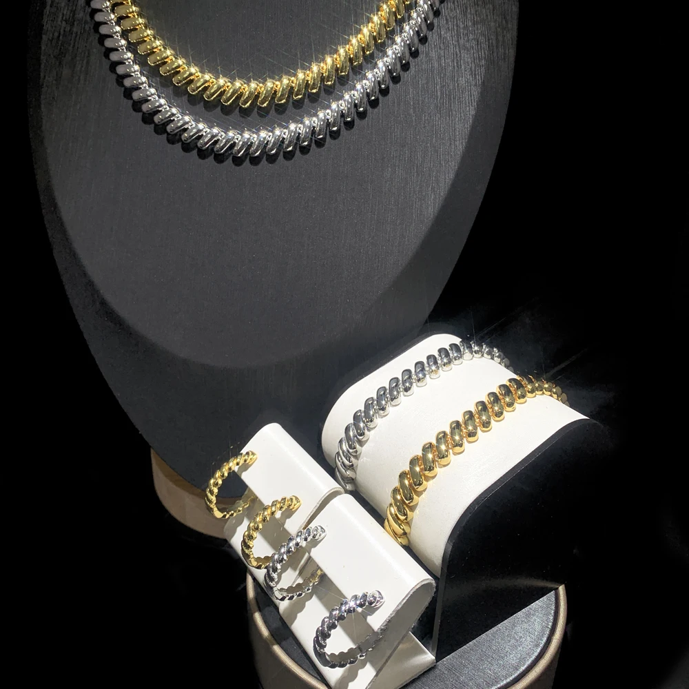 Iced Out Snake Chain Necklace Women Silver Color High Polished Plain Bracelet Earring European Female Fashion Jewelry Set