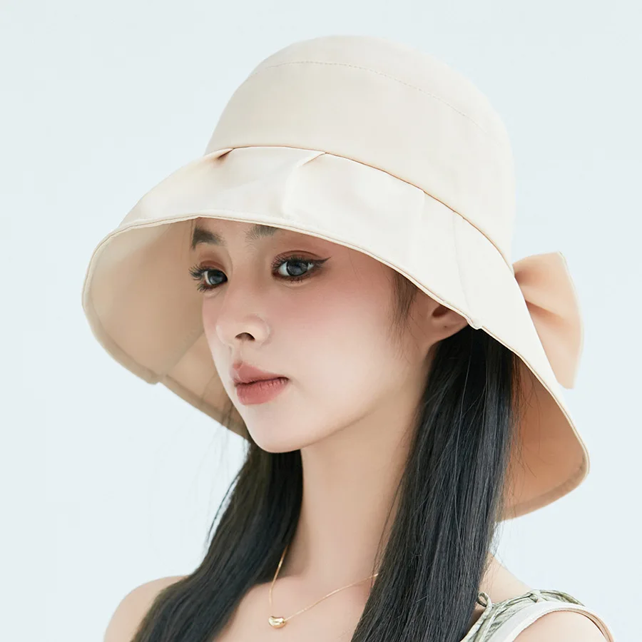 Niche Japanese Style Fisherman Hat Female Summer Simplicity Graceful Bow Sun Hat Pure Color All-Matching Leisure Sun Hat