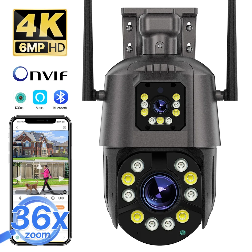 Cámara IP de seguridad para exteriores, dispositivo de vigilancia con seguimiento automático, iCsee, 4K, 6MP, HD, Zoom 36X, lente Dual, pantalla