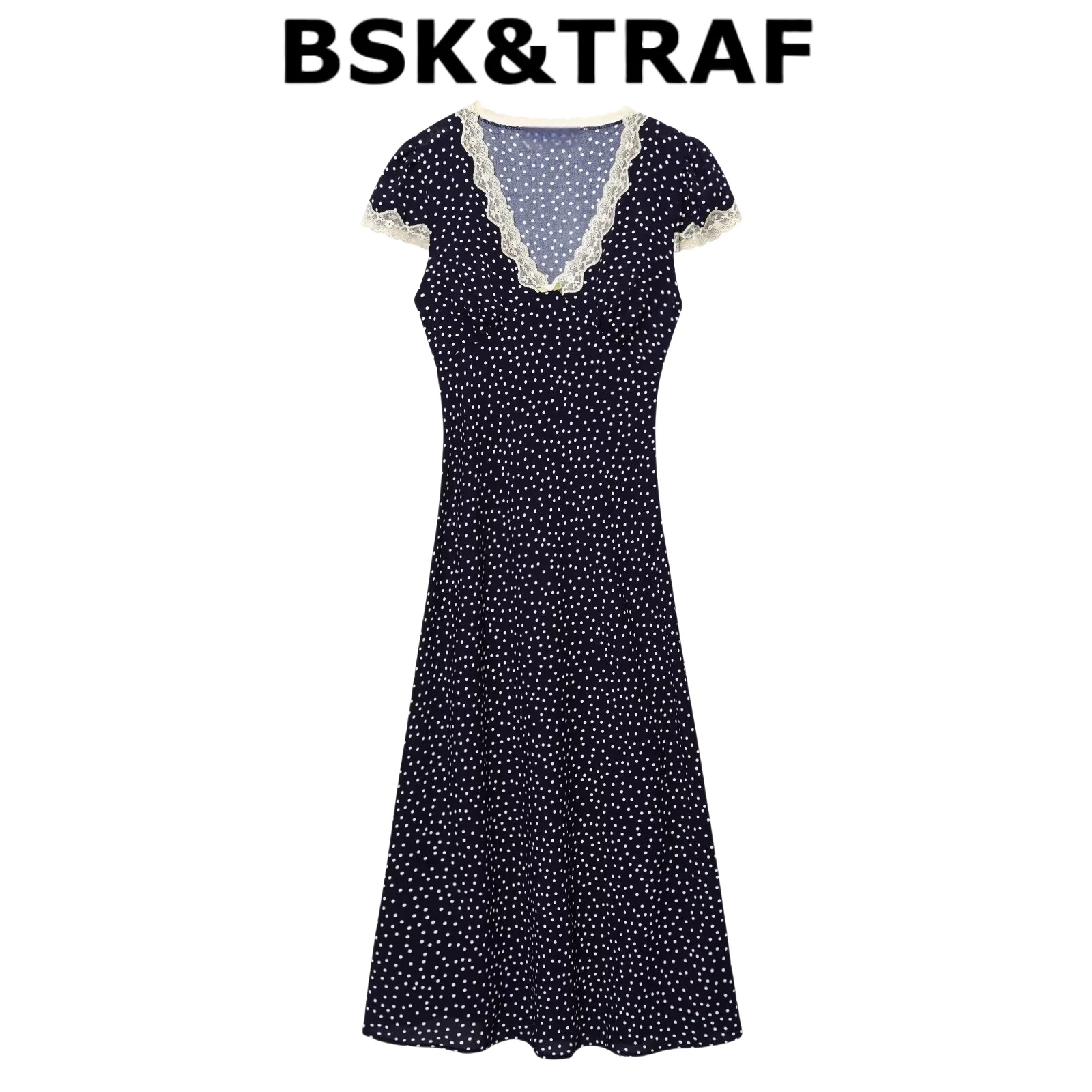2023 Zomer Nieuwkomers Dameskleding Franse V-hals Kant Splitsen Polka Dot Print Korte Mouw Jurk Lange Rok
