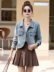 Female Jeans Coats Diamonds Crop Spring Autumn Short Blue with Rhinestones Small Sequin Studded Women's Denim Jackets Original