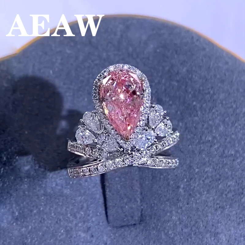 AEAW Jewerly 2ct Fincy Pink With Pear Cut CVD HPHT Lab Grown Diamond Real 14K White Gold Women Ring IGI Certificate