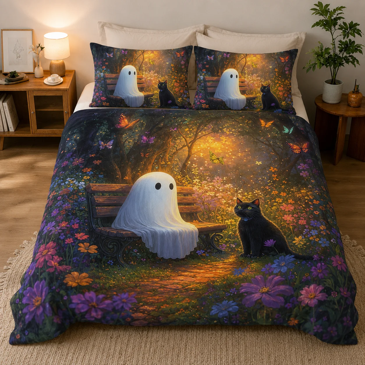 Cute Ghost Flannel Blanket 3 Piece Set with 2 Pillow Covers, Black Cat Butterfly Floral Garden Halloween Throw Blanket for Bed Sofa Couch Bedroom Home Decor, No Pillow Inserts