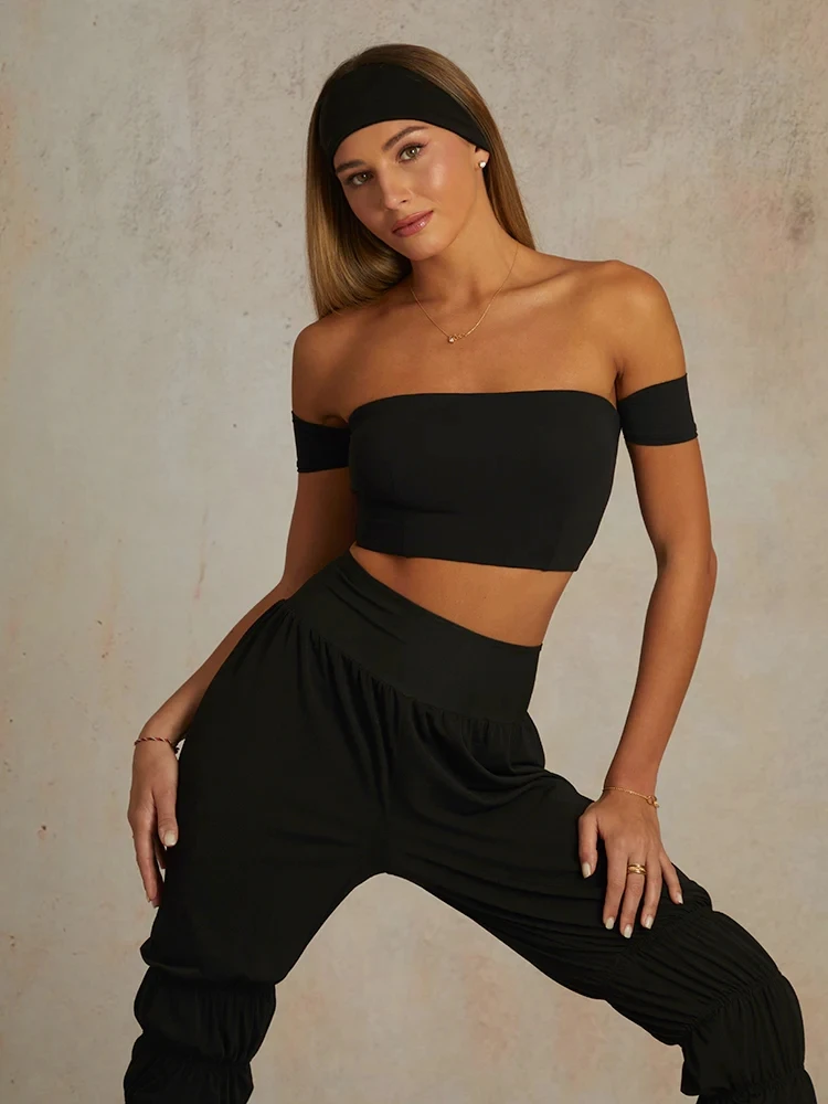 

ZYM Latin Dance Top Straight-across Shoulders with Sleek Arm Bands Swan Crop Top #26007