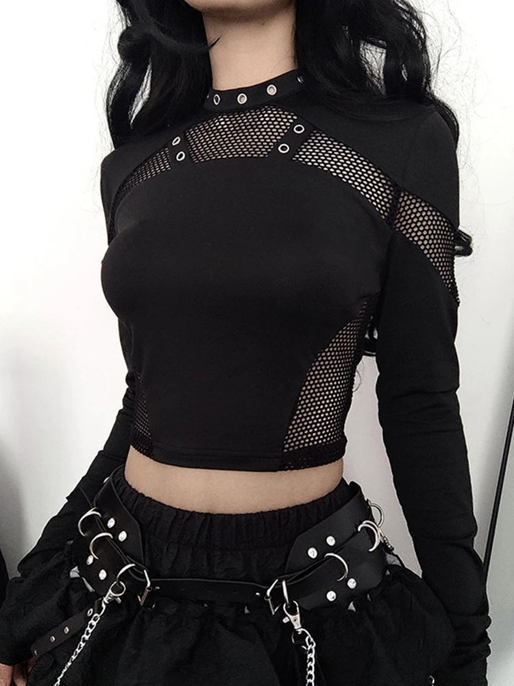 AltGoth Dark Punk Cyber T-shirt Women Gothic Streetwear Mesh Patchwork Long Sleeve O-neck Crop Tee Tops Harajuku Sexy Clothes