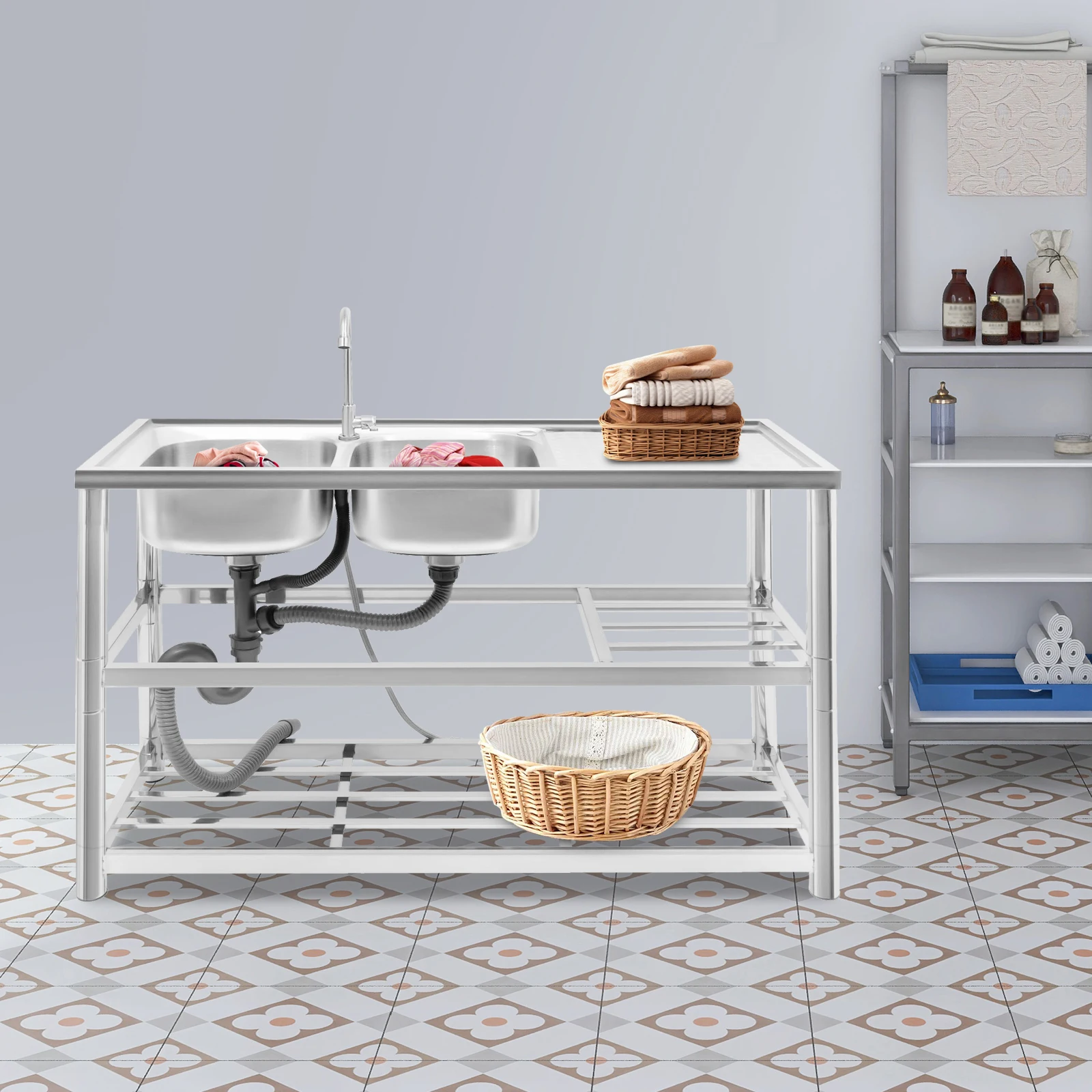 

Commercial-Grade 2-Basin Stainless Steel Sink with 200LB Capacity & 3-Tier Design for Restaurant Kitchen